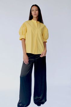 STARKx Fall 2023 Joey Top Yellow Marigold Front Yellow Marigold, Silky Pants, Marigold Yellow, Wide Cuff, Button Up Blouse, Mandarin Collar, Favorite Jeans, Puff Sleeves, Puff Sleeve