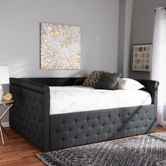 Baxton Studio Amaya Modern and Contemporary Dark Grey Fabric Upholstered Queen Size Daybed FredCo Queen Daybed, Platform Daybed, Grey Daybed, Full Daybed, Full Size Daybed, Twin Daybed With Trundle, Daybed Bedding, Upholstered Daybed, Daybed With Trundle