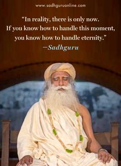 an old man sitting on top of a wooden bench next to a quote from sadhguru