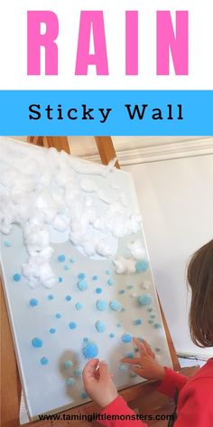 Rain Storm Sticky Wall - Fine Motor Activity. a fun way to develop fine motor skills in toddlers and preschoolers. #finemotor #weather #toddler #preschool Weather Fine Motor Activities, Weather Activities For Toddlers, Weather Curriculum, Infant Curriculum, Weather Activities For Kids, Preschool Weather, Teaching Lessons Plans, Sticky Wall, Fine Motor Activity