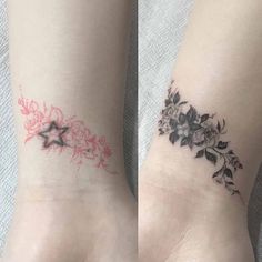 two wrist tattoos with flowers and stars on them