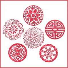 six red paper cut designs with flowers and circles