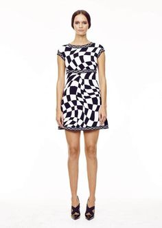 King Of Prussia Mall, Wave Dress, Geometric Motif, Black Checkered, Dress Pleated, White Caps, Pattern Dress, Jacquard Knit, Capped Sleeve Dress