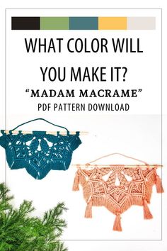 two crocheted bras hanging from a tree with the text what color will you make it? madam macrame pdd pattern