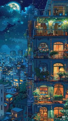 the city is lit up at night with many windows and balconies on it