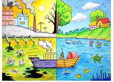 four different scenes with boats, houses and trees in the middle one has water on it