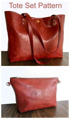 two pictures of a red leather bag with the bottom and side zipper open tote set pattern