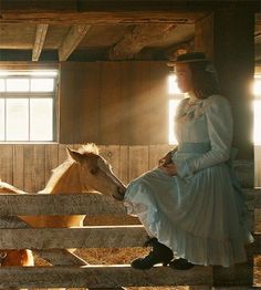 a woman in a dress sitting on a fence next to a horse and foal