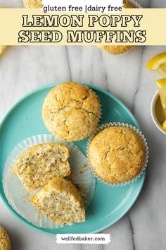 Three gluten free lemon poppy seed muffins sitting on a small plate next to a bowl of lemons. Poppyseed Muffin Recipe, Poppyseed Muffin, Lemon Poppy Seed Scones, Lemon Poppy Seed Muffins Recipe, Gluten Free Pound Cake, Bakery Muffins, Lemon Poppy Seed Muffins