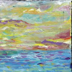 an abstract painting with blue, yellow and pink colors on the ocean shore in acrylic paint