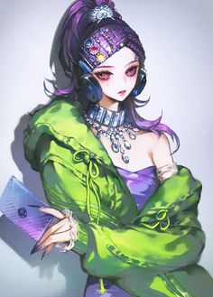 an anime character with purple hair and green dress