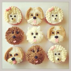 twelve cupcakes with dog faces on them