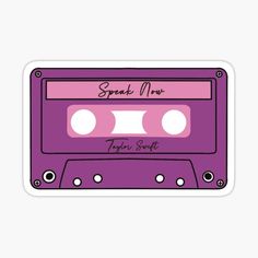 a purple cassette sticker with the words speak me in black on top of it