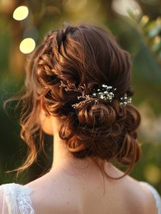 Boho Wedding Hair Mid Length, Floral Wedding Hair Half Up, Loose Wedding Updo, Wedding Hair Romantic, Whimsical Wedding Hair, Floral Updo, Bridal Hair Ideas, Long Haircuts With Bangs, Romantic Waves