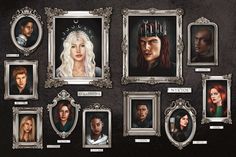 the game of thrones character portraits are displayed in ornate frames on a black wall