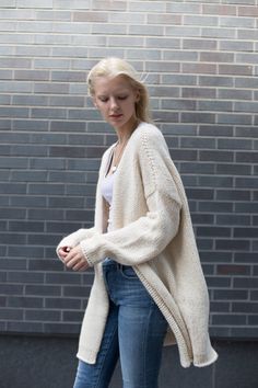 Luxury, amazingly soft, oversized cardigan . The pattern has relaxed fit with dropped shoulders. Color is cream. A new and exciting "blow yarn" made from soft 74 % Baby Alpaca and cozy Merino wool. Its construction is unique, based on the newest yarn technologies, where instead of spinning, the fibres of alpaca and merino are air blown into a tube, which makes the garment made in this yarn very soft and absolutely Itch FREE ! The length is 30-34 inches depending on the size. If you are Tall or P Alpaca Clothing, Knit Wear, Chunky Knits, Oversized Sweaters, Cardigan Sweaters, Slow Fashion Brands, Womens Sweaters, Knit Alpaca, Chunky Cardigan