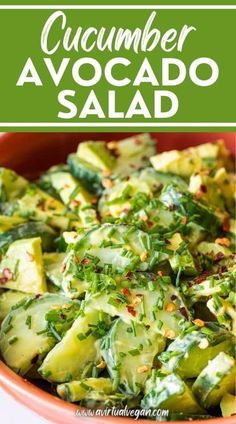 cucumber avocado salad in a red bowl with the title above it