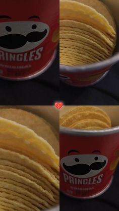 three pictures of some kind of food in a cup with the words pringles on it