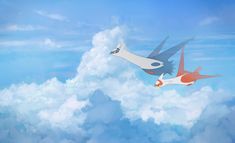 two cartoon birds flying in the sky above clouds