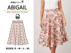 ABIGAIL is a midi flared skirt pattern in PDF for instant download and printing at home, office, or print shop. The design is inspired/influenced by existing ready-to-wear clothes. Living the good life looks even greater when you twirl into this fabulous midi skirt from my collection of skirt patterns. The skirt is perfect for all vintage lovers and will be a welcome wardrobe staple - perfect for all occasions and seasons.  ABIGAIL flared skirt welcomes lovely evenings spent wining and dining - you'll be ready to twirl everywhere! Style with knit jumpers for the colder months and a cotton blouse for the warmer months. WHAT'S INCLUDED ✓ S, M, L, and XL patterns in A4, US Letter format for east-at-home/office printing  ✓ S, M, L, and XL patterns in A0 format for print shop printing ✓ A4, US Vintage Skirt Pattern, Flared Skirt Pattern, Long Skirt Pattern, Pattern Midi Skirt, Skirt Patterns, Skirt Sewing Pattern, Midi Skirt Pattern, Skirt Sewing, Midi Flare Skirt