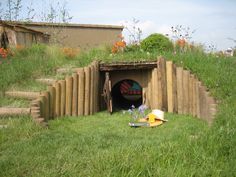 a small tunnel in the middle of a grassy field