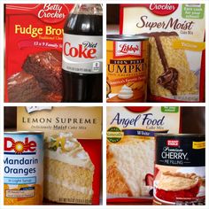 four pictures showing different types of cake and ice creams, including lemon supreme, orange marmalade, fudge frosting, and more