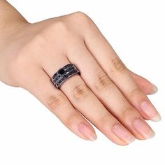 1 CT. T.W. Enhanced Black Diamond Three Piece Bridal Set in Sterling Silver | Engagement Rings | Wedding | Zales Black Channel Set Rings For Anniversary, Black Jewelry With Tension Setting For Anniversary, Anniversary Black Channel Set Rings, Geometric Engagement Ring, Silver Eternity Ring, Diamond Bridal Ring Sets, Diamond Bridal Sets, Black Diamond Ring, Bridal Ring Sets