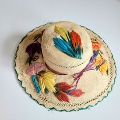 Gorgeous embroidered straw summer hat with floral design. Has a cut on the very top. Hard to see. Overall is good condition. Save on shipping when you buy multiple items from my shop! Hat Flower, Flower Motifs, Happy Fashion, Flower Hats, Summer Hat, Embroidered Hats, Summer Hats, Wide Brimmed, Straw Hat