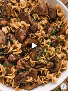 a white bowl filled with beef and noodles