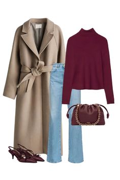 This outfit combines a classic camel coat, burgundy turtleneck, light wash jeans, and sleek heels for an elegant autumn look. The chain-strap bag adds a trendy touch to the timeless style.  #FallFashion #ChicStyle #AutumnOutfit #EffortlessStyle #ClassicLook #OOTD  #CamelCoat #TimelessCoat #FallOuterwear #BurgundySweater #TurtleneckStyle  #LightWashJeans #CasualDenim #EffortlessDenim #BurgundyHeels #PointedHeels #ElegantFootwear #ChainBag #TrendyAccessories #StatementBag Camel And Burgundy Outfit, Stylist Outfit Men, Burgundy Turtleneck Outfits, Tan Coat Outfit Winter, Burgundy Coat Outfit Winter, Tan Coat Outfit, Burgundy Coat Outfit, Burgundy Outfits, Burgundy Turtleneck