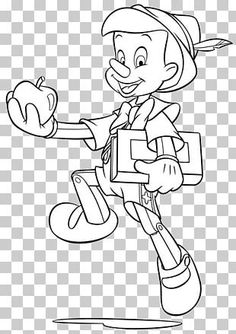 a cartoon character with an apple in his hand, black and white illustration png clipart