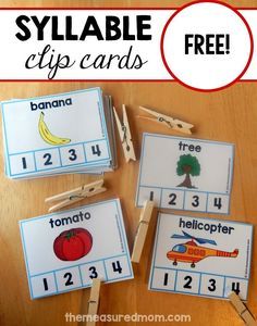 four printable clip cards with the words sylabe and free