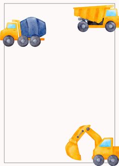 a watercolor drawing of construction trucks and dump trucks on a white background with space for text