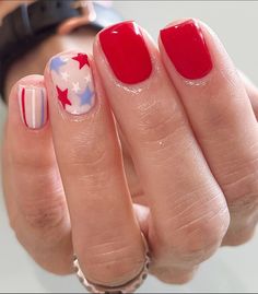 31 Nail Ideas for July 4, 2024 - Dazzle with Patriotic Manicures! 4th Of July Nail Designs, July Nail Designs, Bright Red Nails, Sheer Nails