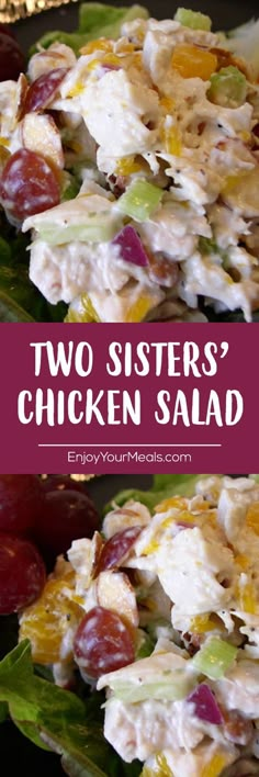 two sisters'chicken salad with grapes and lettuce in it on a plate