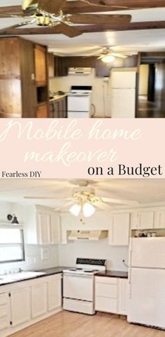 a kitchen with white cabinets and wood floors in the center is an open floor plan for a mobile home makeover on a budget