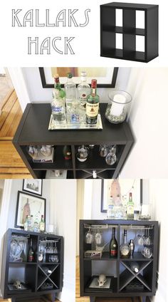 this is an image of a black shelf with liquor bottles and glasses on it that has the words kallaks hak written above it