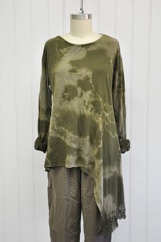 Awry T-Shirt Long Sleeve Tie Dye Green Long Sleeve T-shirt For Layering, Green Tops With Shirttail Hem For Fall, Green Shirttail Hem Top For Fall, Fall Relaxed Fit Tunic With Shirttail Hem, Long Sleeve Lagenlook Tops For Layering, Fall Tunic With Relaxed Fit And Shirttail Hem, Fitted Green Long Sleeve Tunic, Fitted Long Sleeve Green Tunic, Green Long Sleeve Tunic For Fall