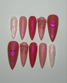 Pink Nails Sparkle, Press On Nails Packaging Ideas, Pink Matte Nails, Medium Stiletto, Pink Holographic, Matte Pink