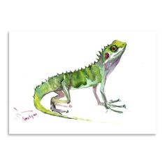 a watercolor painting of a green lizard