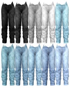 six pairs of jeans with different colors and sizes, all showing the same pattern on them