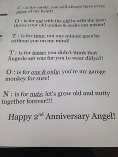 a piece of paper sitting on top of a table next to an envelope with the words happy 2nd anniversary angel