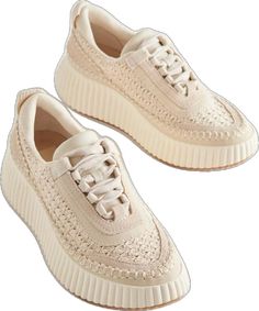 Chic Beige Sneakers For Spring, Cream Platform Sneakers For Summer, Cream Sneakers With Laces For Spring, Cream Sneakers With White Laces For Spring, Cream Sneakers With Woven Sole For Spring, Beige Perforated Sneakers For Spring, Spring Beige Perforated Sneakers, Cream Leather Sneakers For Summer, Sneakers With Platform