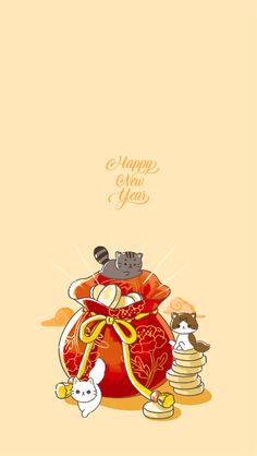 a chinese new year's card with two cats sitting in a bag and the words happy