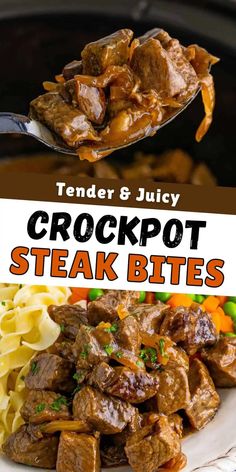 crockpot steak bites on a fork with text overlay