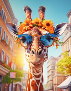 a giraffe with sunflowers on its head and sunglasses over it's eyes