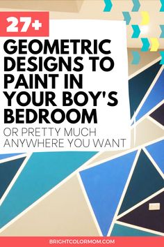 Check out these really cool geometric design ideas for painting the walls in a boy bedroom! Make a small room look bigger with a funky accent wall. There's lots of paint design inspiration to make your boy's bedroom unique and fresh. You can use bright bold colors or soft muted tones and even paint mountains. Many of these ideas have a tutorial attached, but all you really need is some painters masking tape and patience! Geometric patterns on walls really make them POP. #brightcolormom Taped Painted Walls Patterns Geometric, Blue And Black Accent Wall, Abstract Paint Ideas For Walls, Geometric Wall Murals Painted, Wall Paint Designs Patterns, Accent Wall With Tape And Paint