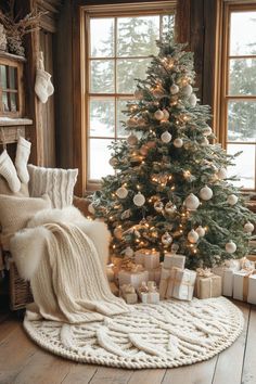 a christmas tree with presents under it in front of a window and a blanket on the floor