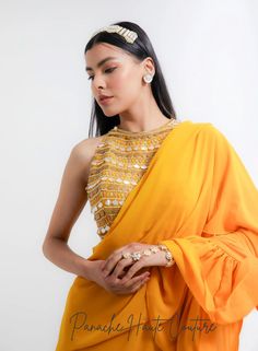 Mustard Yellow Color Ruffled Saree – Panache Haute Couture Ruffled Saree, Indowestern Gowns, Halter Neck Blouse, Reception Gowns, Halter Neck Blouses, Curated Outfit, Mustard Yellow Color, Raw Silk Fabric, Ruffle Saree