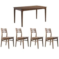 a set of six chairs and a table with one chair missing the seat, all in different positions